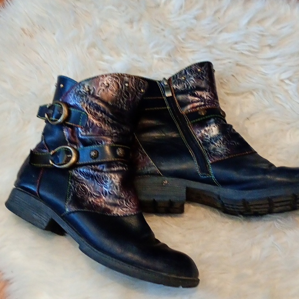 Moto Chic Women's Black + Purple + Silver Ankle Boots (9)